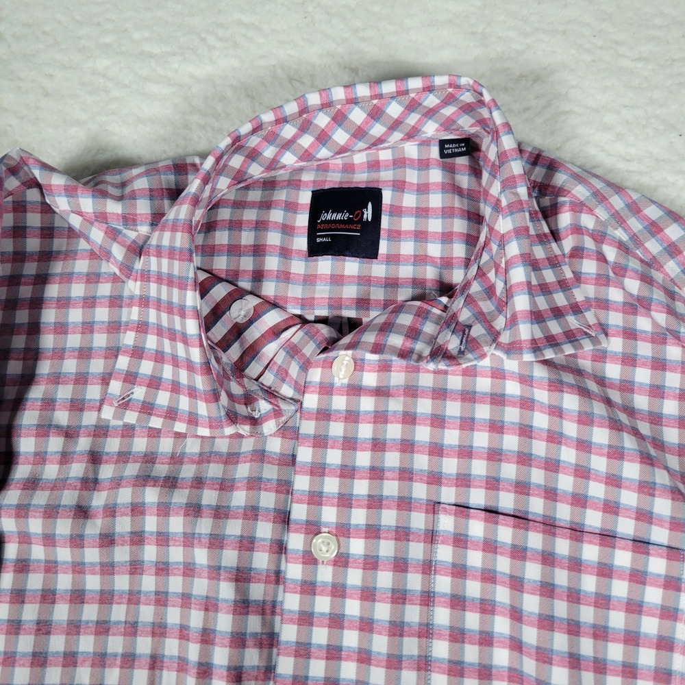 johnnie-O Performance Shirt Mens Small Red Blue Check Gingham Long Sleeve Button